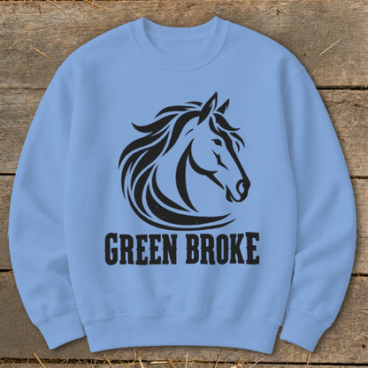 Light blue crewneck sweatshirt featuring a black horse head graphic and the text GREEN BROKE.