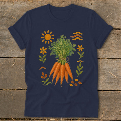 Navy t-shirt with a bunch of carrots and botanical illustrations.
