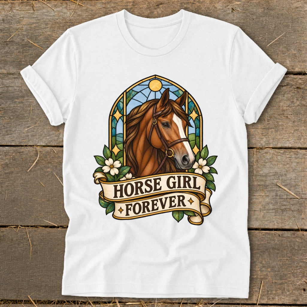 White t-shirt with a brown horse head and the text "HORSE GIRL FOREVER".