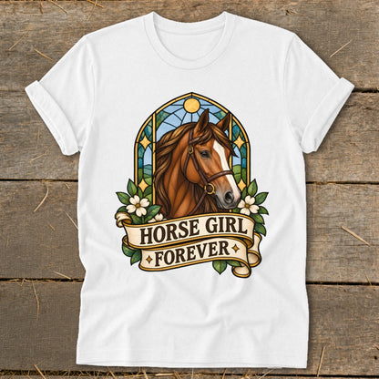 White t-shirt with a brown horse head and the text "HORSE GIRL FOREVER".