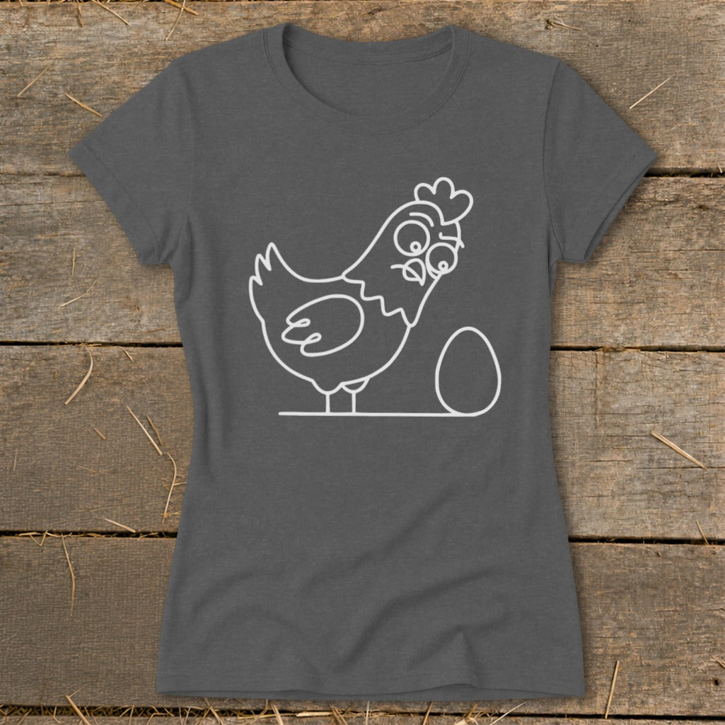 T-shirt with a white line drawing of a surprised chicken next to an egg.