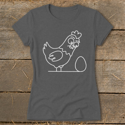 T-shirt with a white line drawing of a surprised chicken next to an egg.