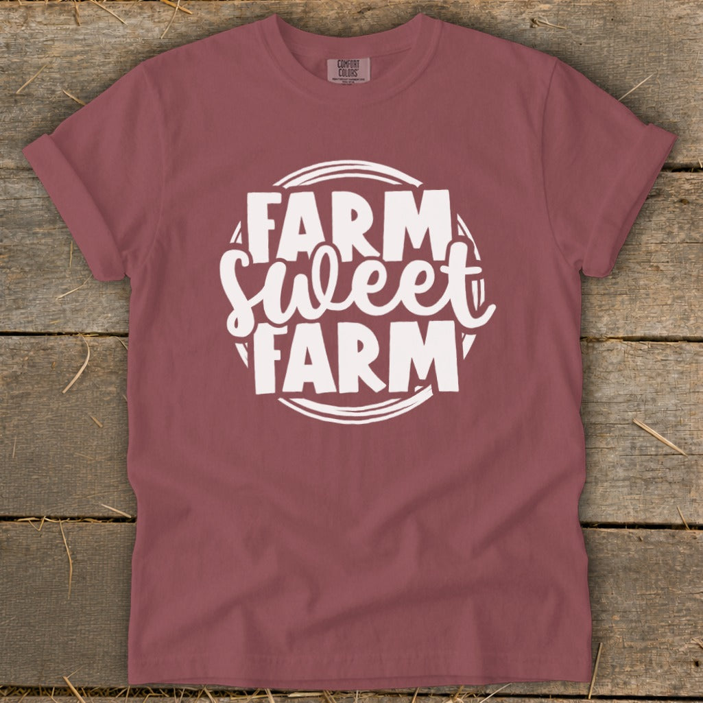 T-shirt with "Farm Sweet Farm" graphic in white on a burgundy background.