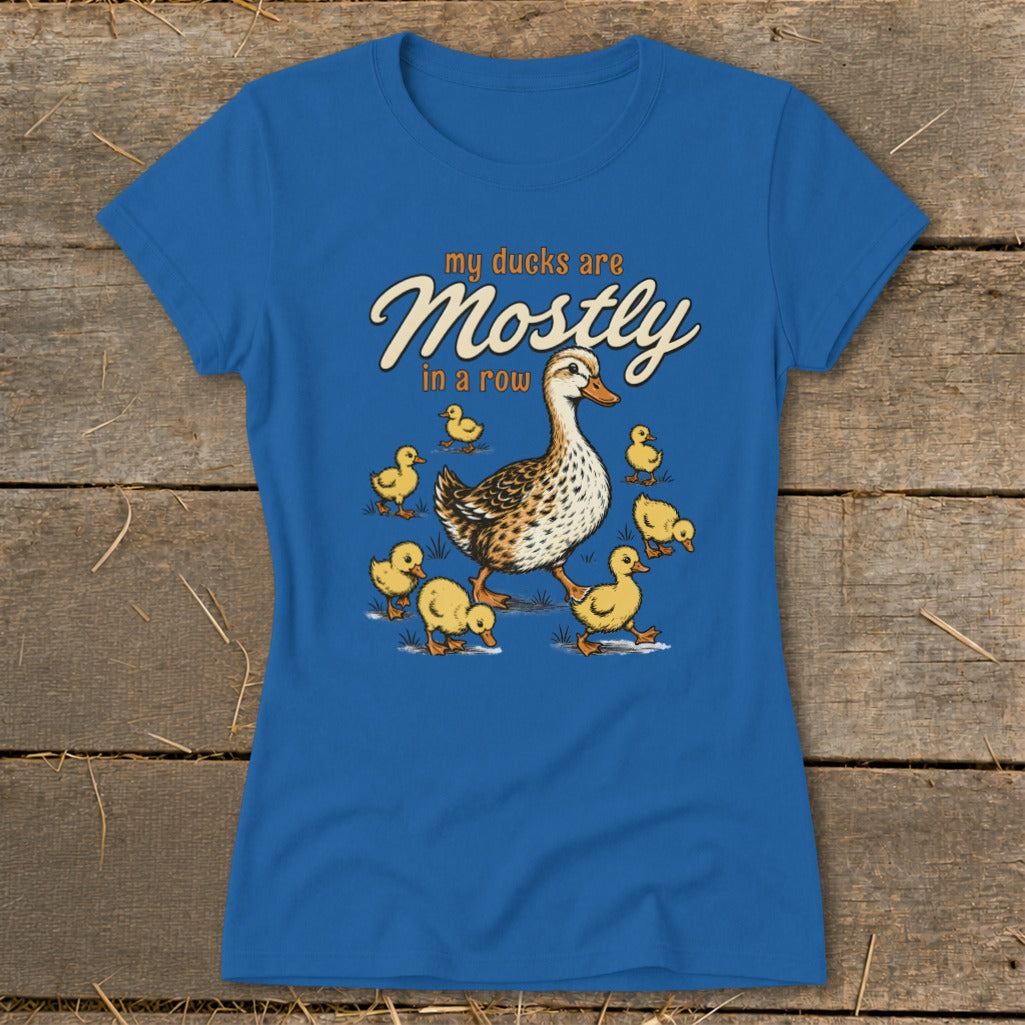Blue t-shirt with "my ducks are Mostly in a row" text and a duck with ducklings.