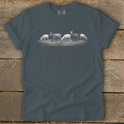 T-shirt with charcoal gray color featuring a herd of goats grazing in a field.