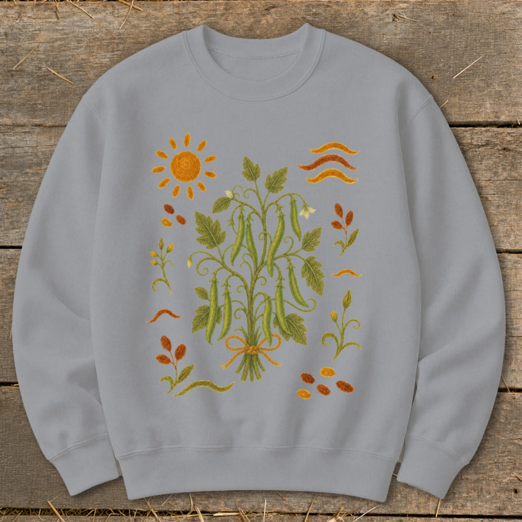 Grey sweatshirt with a vintage-style pea plant illustration and sun graphic.