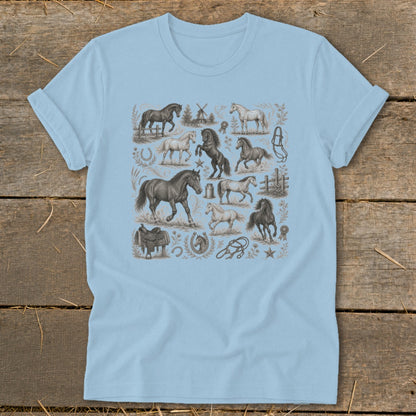 Light blue t-shirt with a collage of various horse illustrations and equestrian elements.