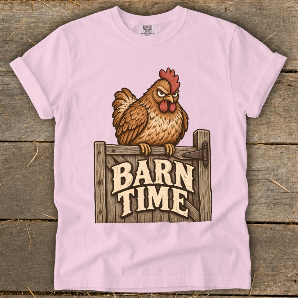 Illustration of a grumpy chicken on a fence with "BARN TIME" text.