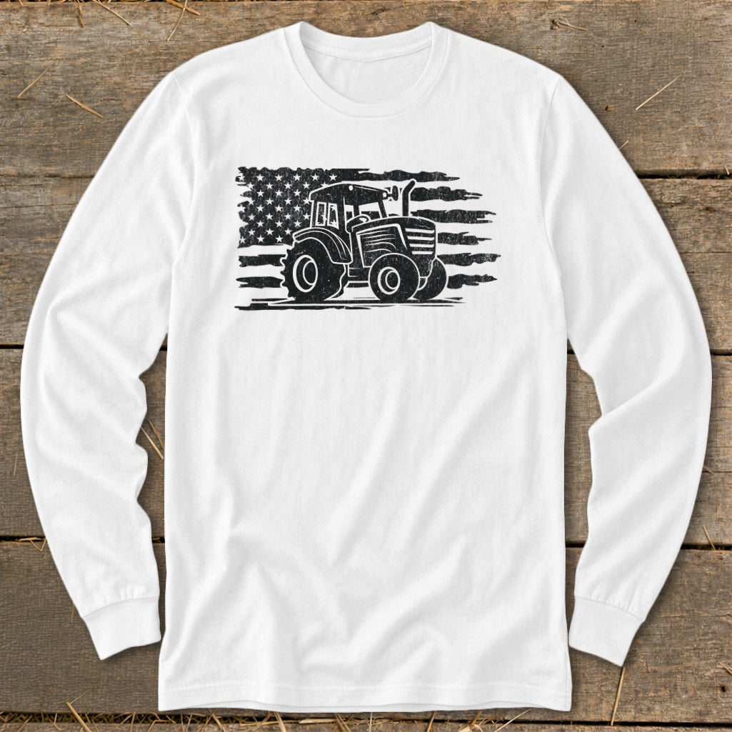 White long-sleeve shirt with a distressed American flag and tractor graphic.
