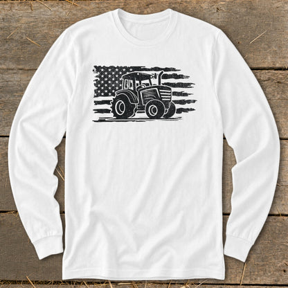 White long-sleeve shirt with a distressed American flag and tractor graphic.