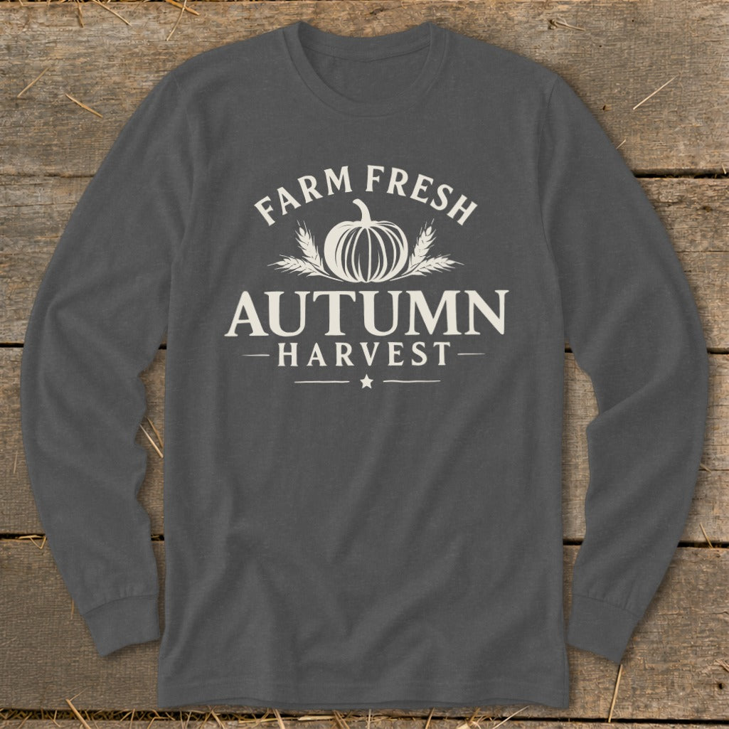 Dark grey long-sleeved shirt with "Farm Fresh Autumn Harvest" text and pumpkin graphic.