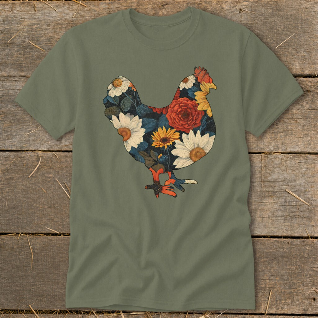 Green t-shirt with a chicken silhouette filled with colorful flowers.