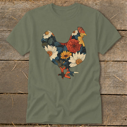 Green t-shirt with a chicken silhouette filled with colorful flowers.