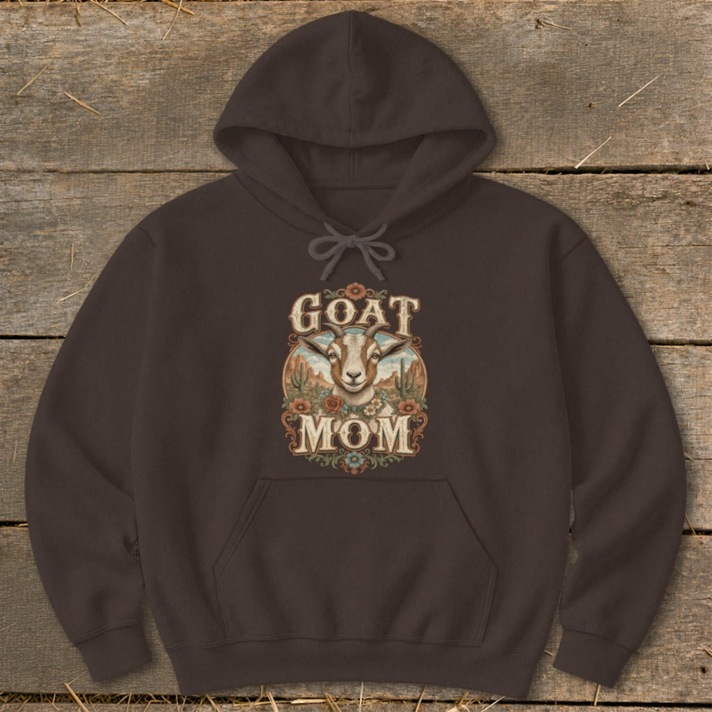 Brown hoodie with "GOAT MOM" text and a goat illustration.