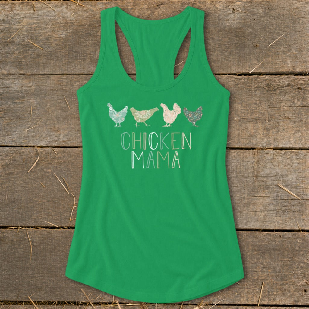 Green racerback tank top with "CHICKEN MAMA" text and four stylized chickens.