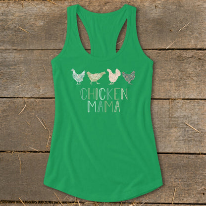 Green racerback tank top with "CHICKEN MAMA" text and four stylized chickens.