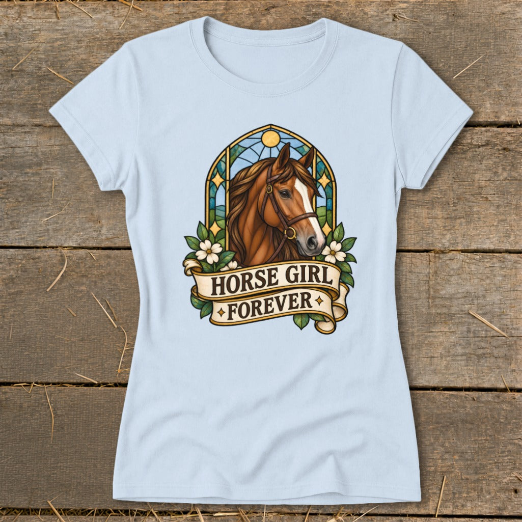 Light blue t-shirt with "Horse Girl Forever" text and horse graphic.