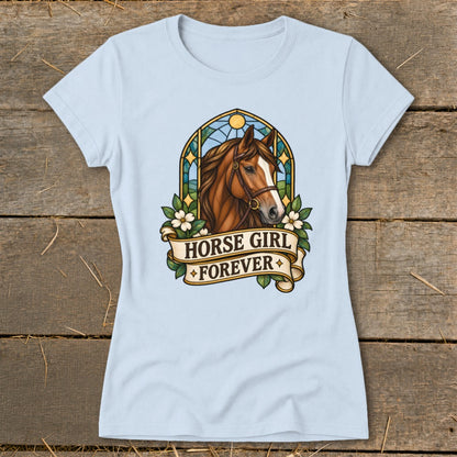 Light blue t-shirt with "Horse Girl Forever" text and horse graphic.