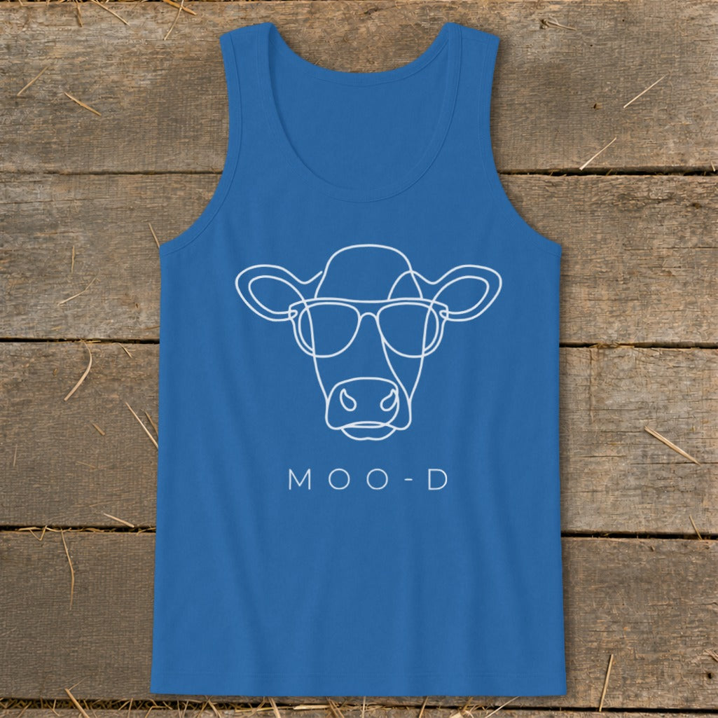 Blue tank top with a white outline of a cow wearing sunglasses and "MOO-D" text.