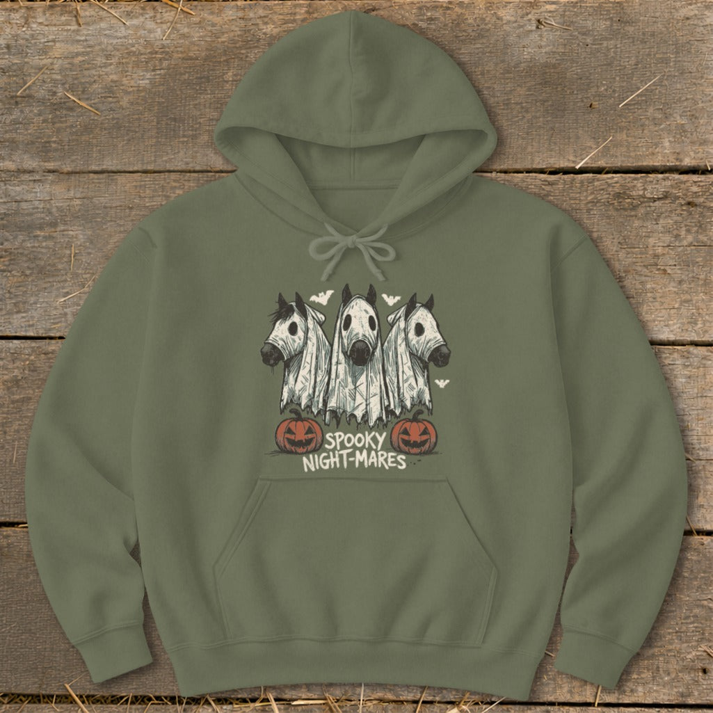 Green hoodie with three horses dressed as ghosts and pumpkins, text "SPOOKY NIGHT-MARES".