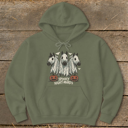 Green hoodie with three horses dressed as ghosts and pumpkins, text "SPOOKY NIGHT-MARES".