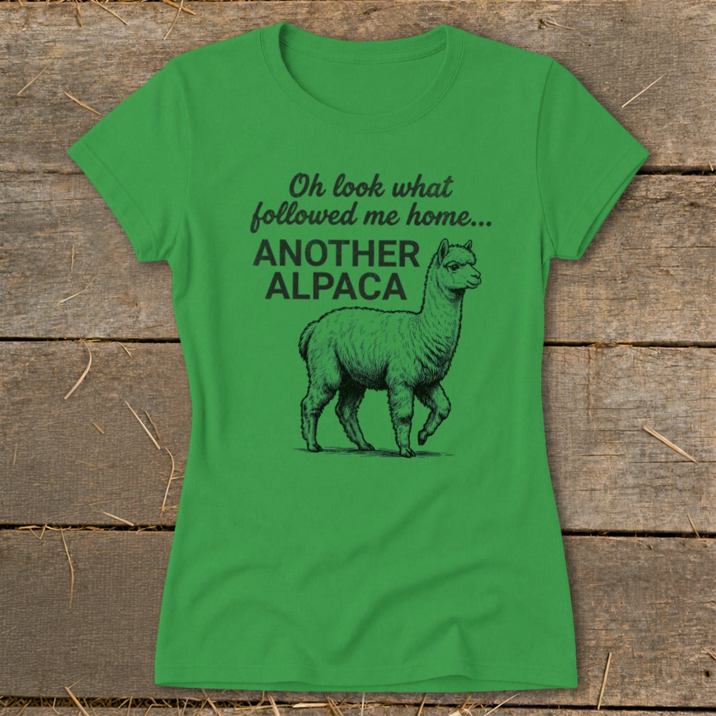 Green t-shirt with "Oh look what followed me home... ANOTHER ALPACA" and alpaca graphic.