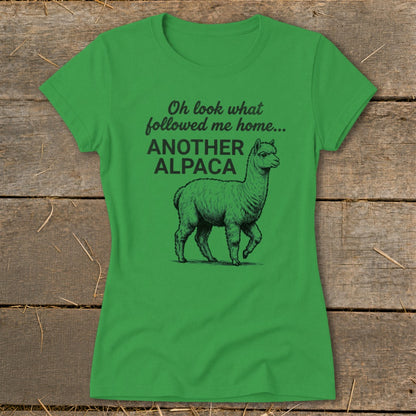 Green t-shirt with "Oh look what followed me home... ANOTHER ALPACA" and alpaca graphic.