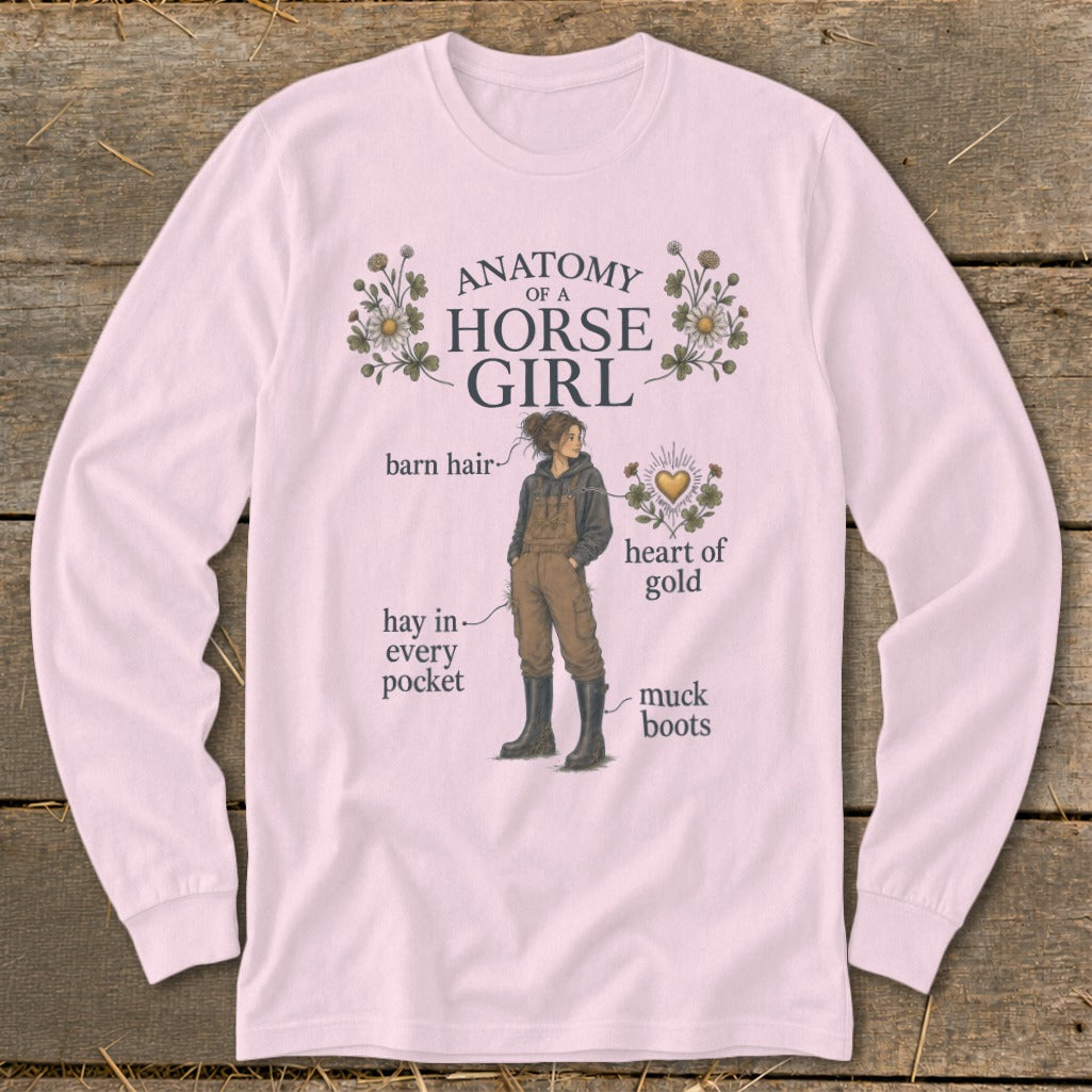 Pink long-sleeve shirt with "Anatomy of a Horse Girl" graphic and labels.