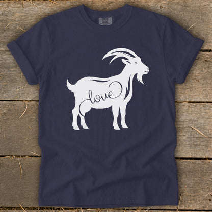 Navy t-shirt with white silhouette of a goat with the word "love" on its side.