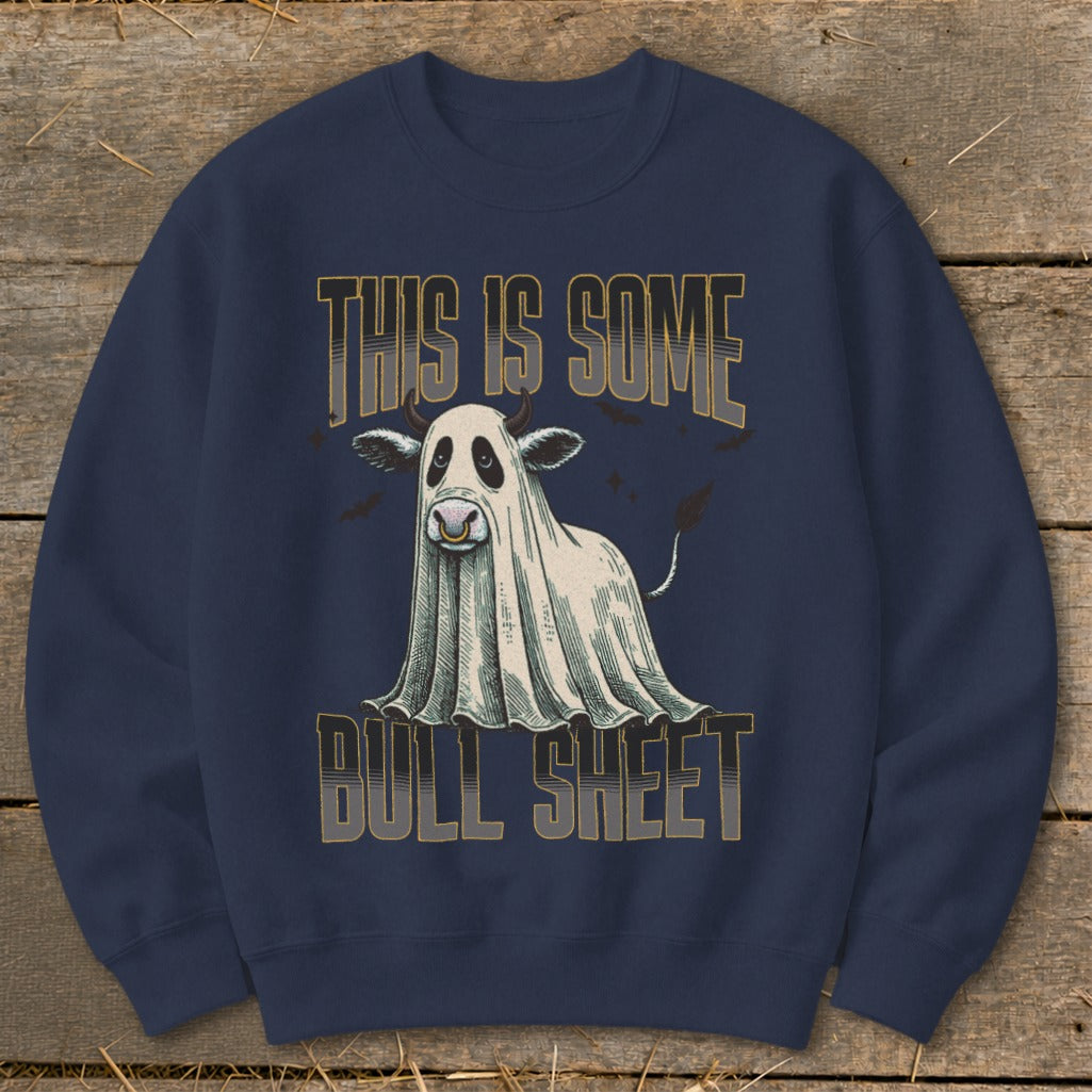Cow dressed as a ghost with text "THIS IS SOME BULL SHEET".