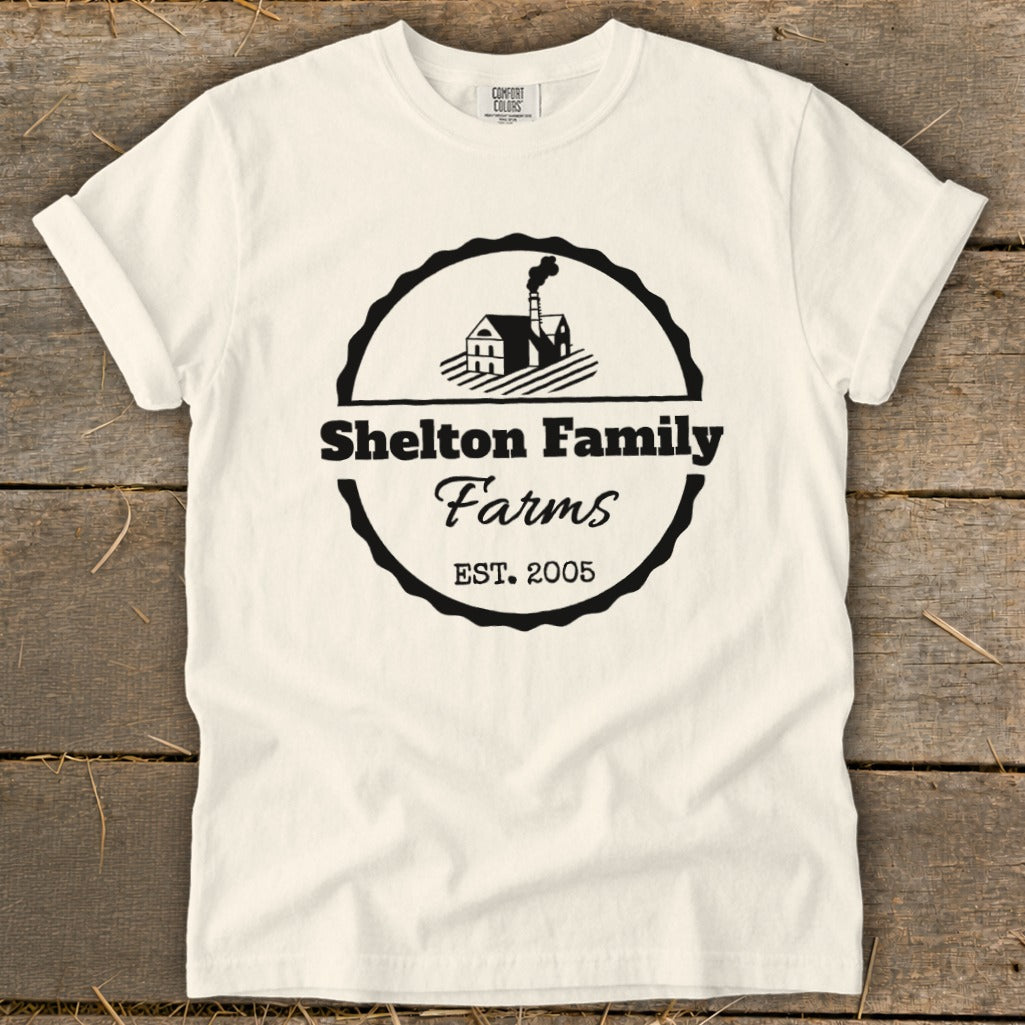 Cream t-shirt with black Shelton Family Farms logo, EST. 2005