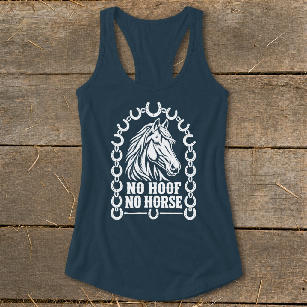 Dark blue tank top with white horse head graphic and "NO HOOF NO HORSE" text.