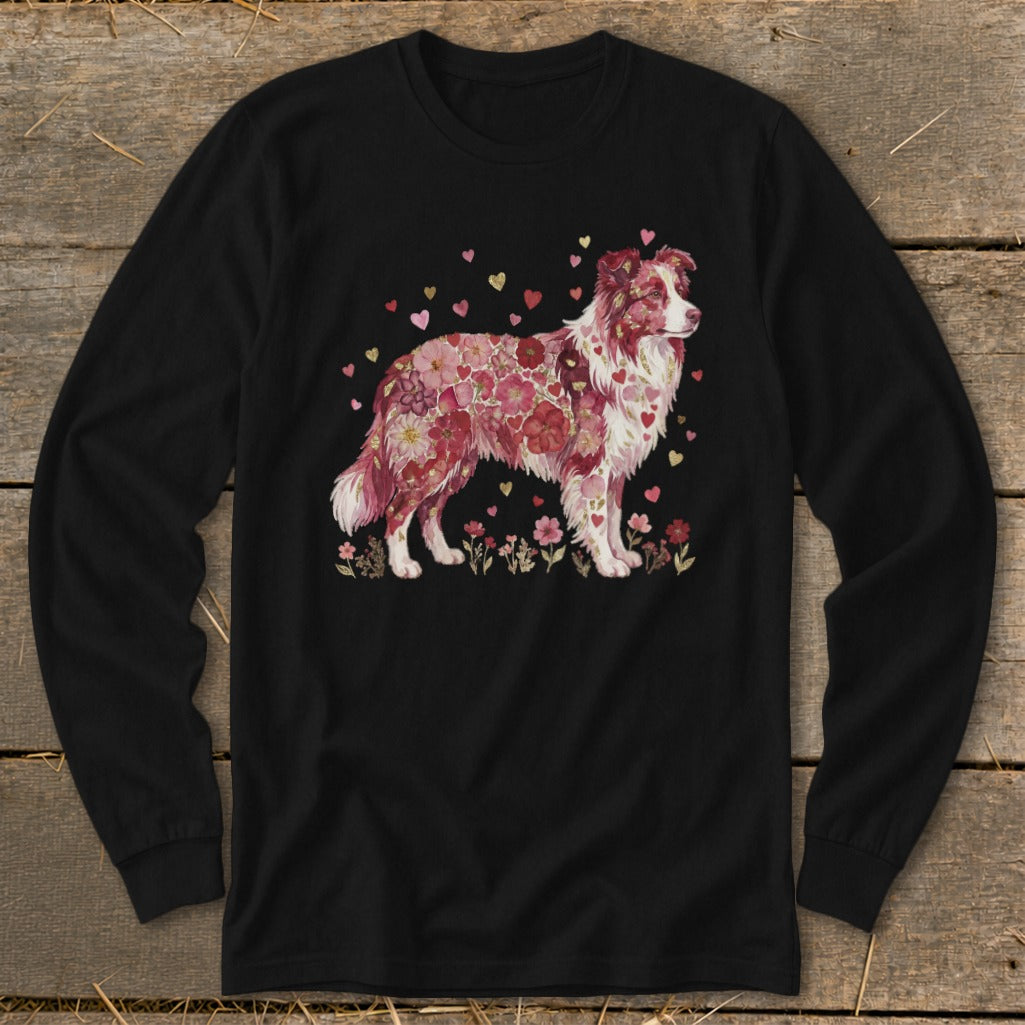 Black long sleeve shirt with a floral dog and hearts design.