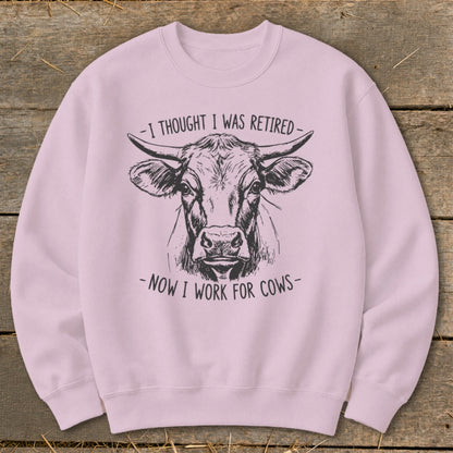 Pink sweatshirt with line drawing of cow and text: "I thought I was retired - Now I work for cows"