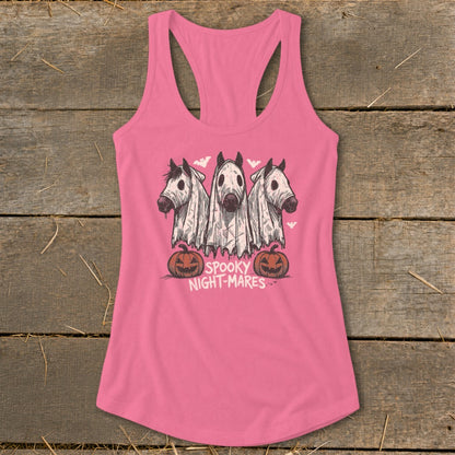 Pink tank top with three horses in ghost costumes and "Spooky Night-Mares" text.