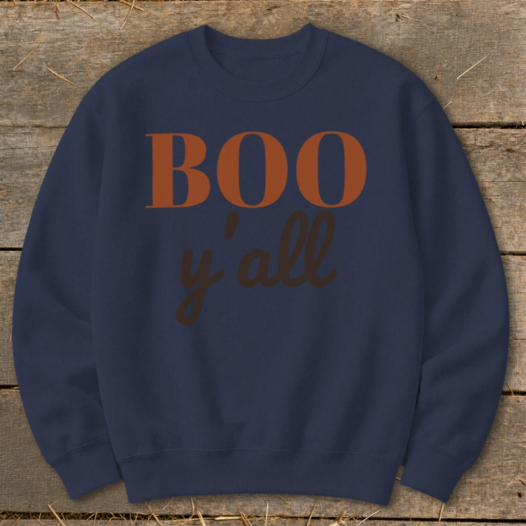 Navy sweatshirt with "BOO y'all" text in orange and brown.