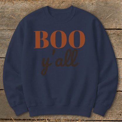 Navy sweatshirt with "BOO y'all" text in orange and brown.