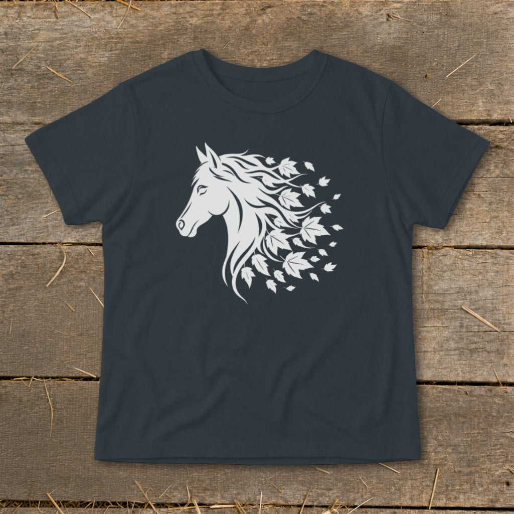 Dark t-shirt with a white graphic of a horse head with flowing mane and leaves.