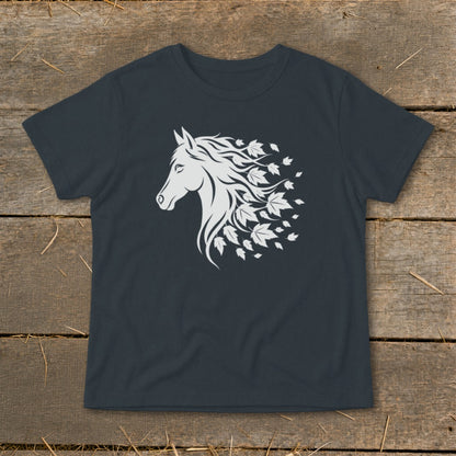 Dark t-shirt with a white graphic of a horse head with flowing mane and leaves.