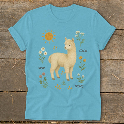 A light yellow alpaca stands in a field of flowers under a smiling sun.