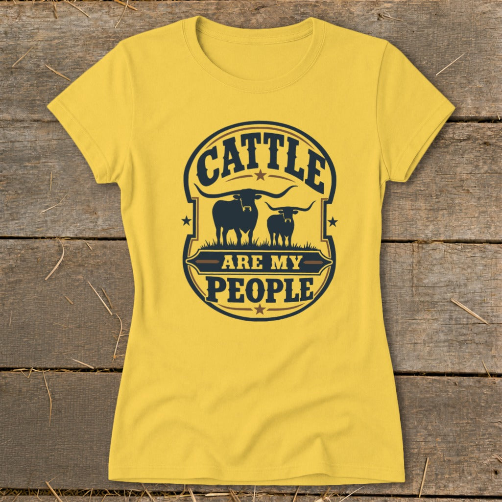 Yellow t-shirt with "Cattle Are My People" graphic featuring two longhorn cattle silhouettes.