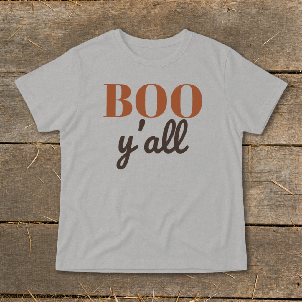 Gray t-shirt with "BOO y'all" text in rust orange and dark brown.