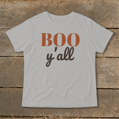 Gray t-shirt with "BOO y'all" text in rust orange and dark brown.