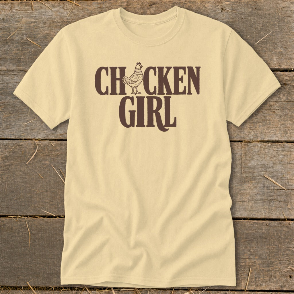 Light yellow t-shirt with "Chicken Girl" text and chicken graphic.