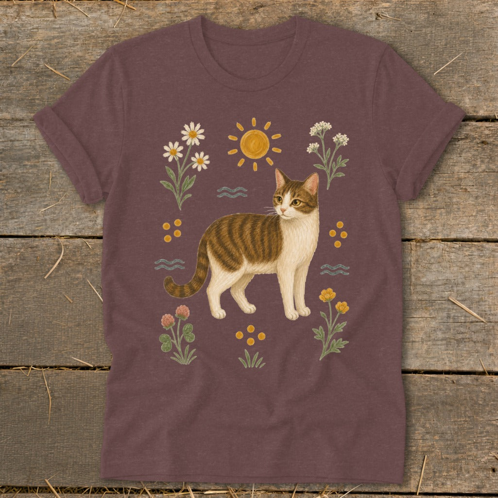 Brown tabby cat surrounded by flowers, sun, and waves on a plum t-shirt.