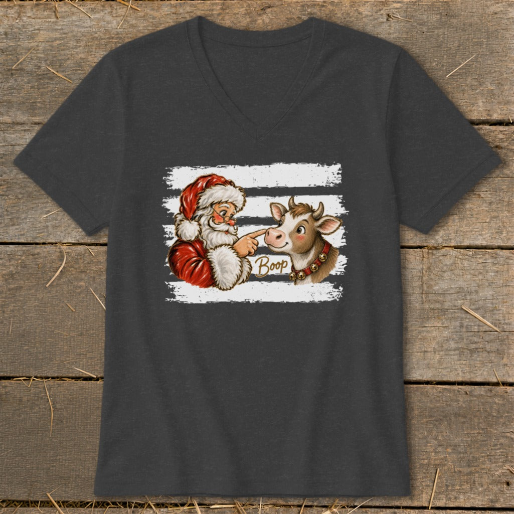 Santa booping a cow with "Boop" text on a dark grey v-neck shirt.