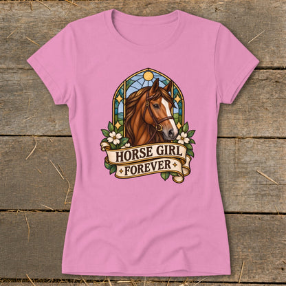 Pink t-shirt with a horse head and "Horse Girl Forever" text.