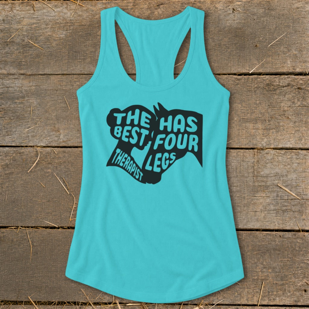 Turquoise tank top with black text and horse head graphics reading "The best therapist has four legs".