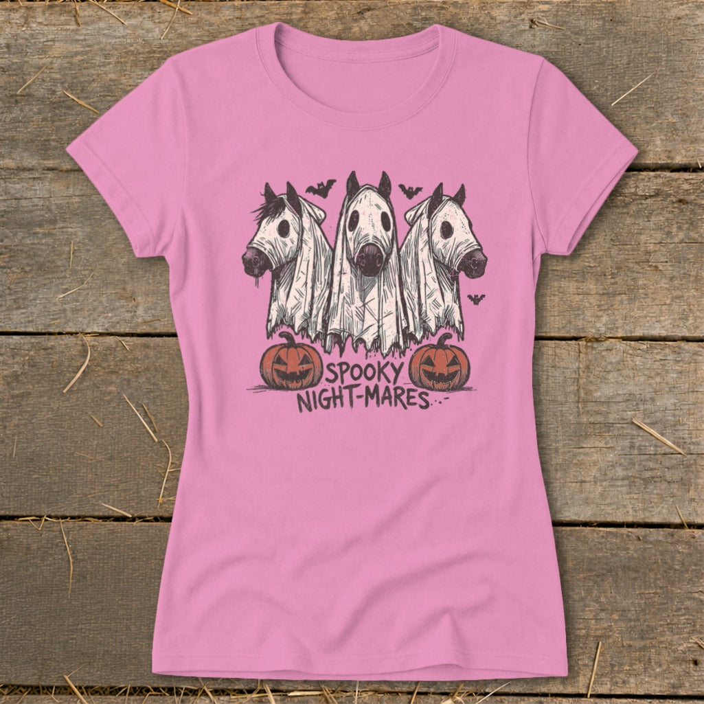 Pink t-shirt with three horses in ghost costumes and text "SPOOKY NIGHT-MARES".