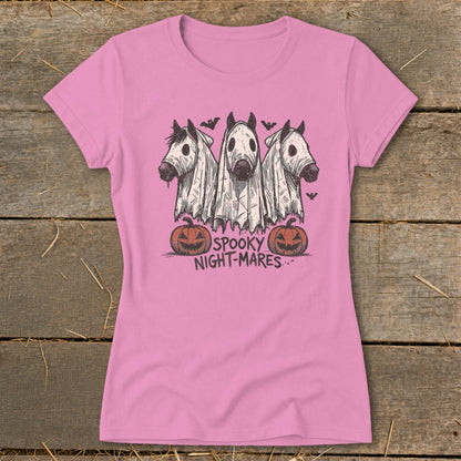 Pink t-shirt with three horses in ghost costumes and text "SPOOKY NIGHT-MARES".